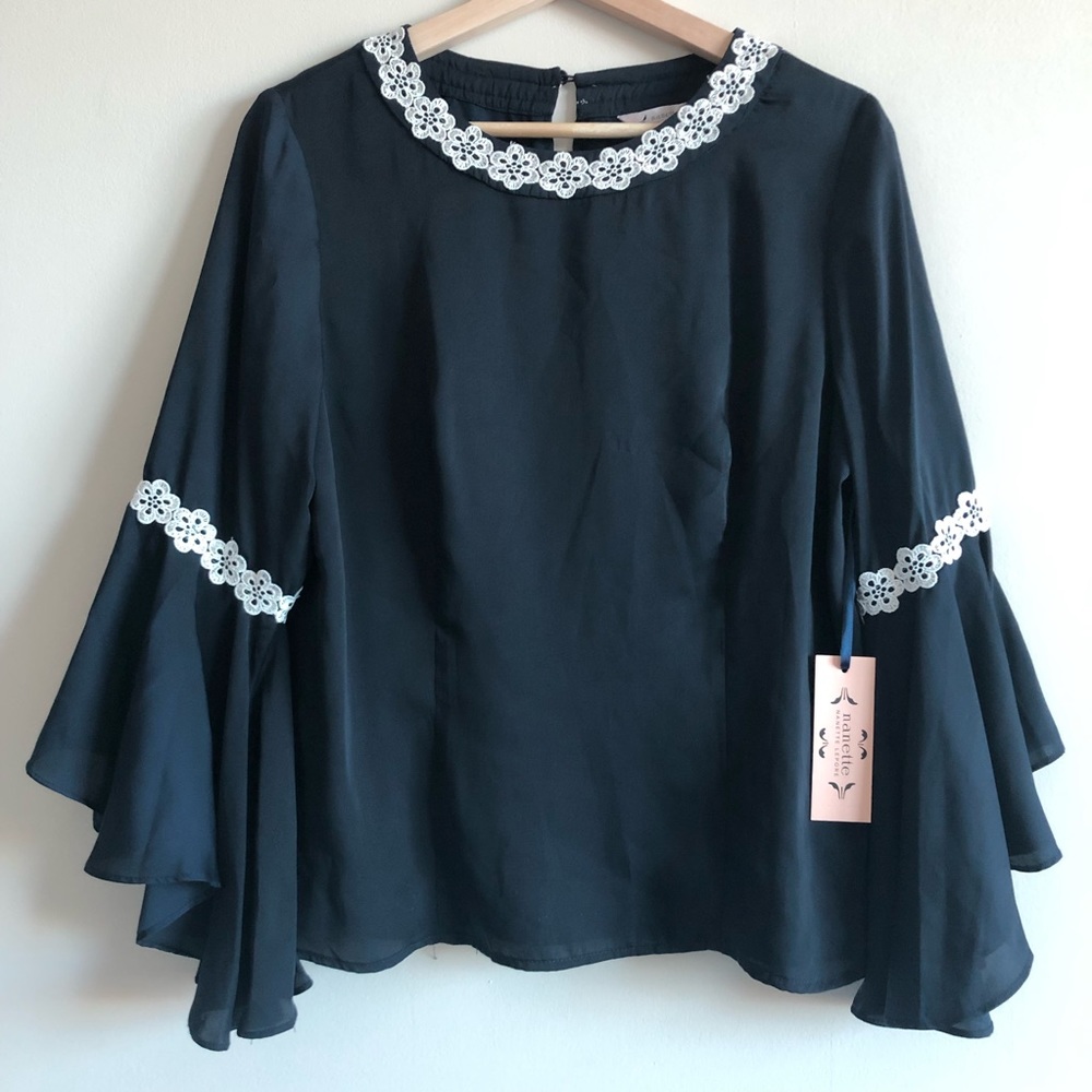 NANETTE Floral Lace Trim Bell Sleeve Top - Picture 2 of 8